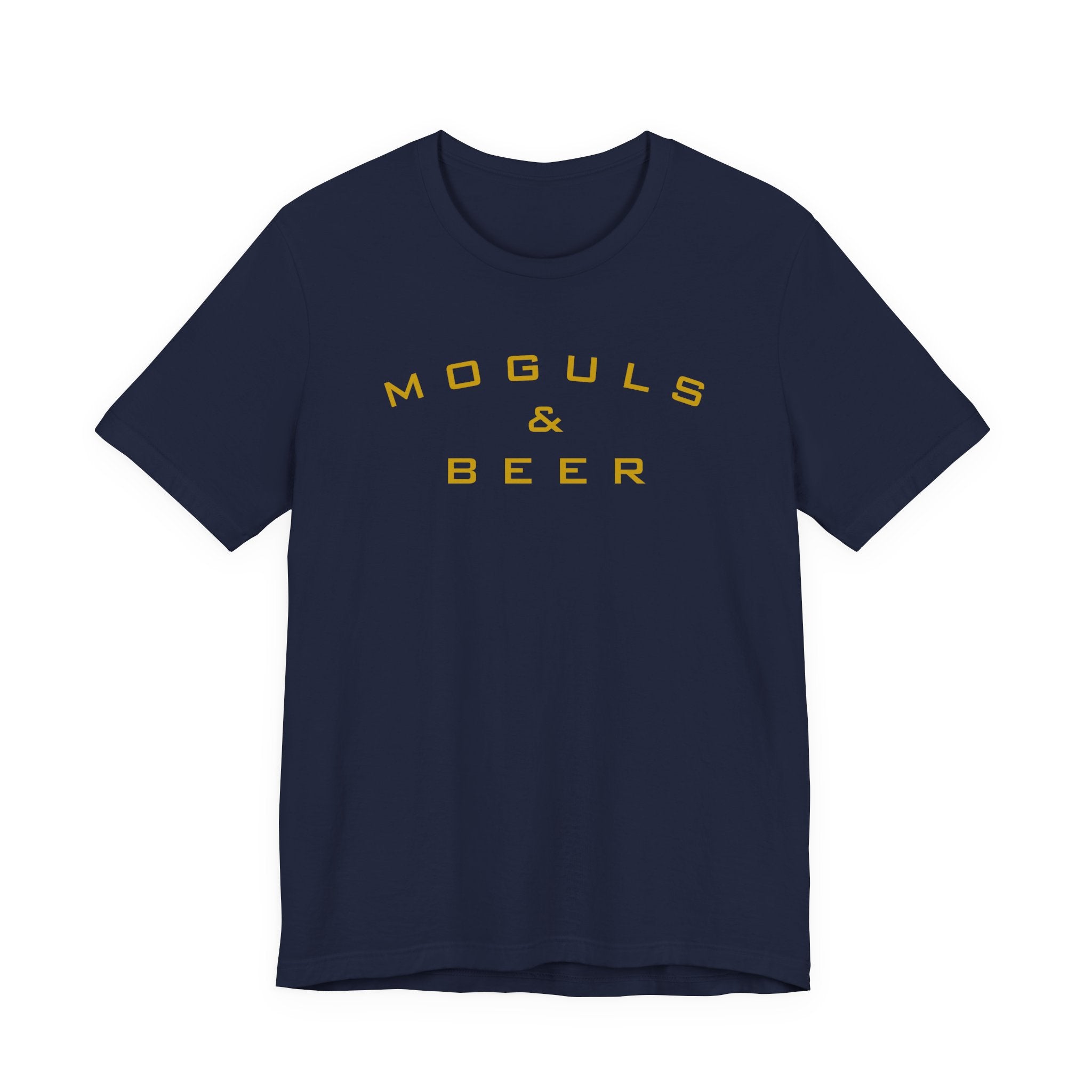 Moguls & Beer Graphic Tee — Retro Yellow Text Shirt for Brewers and Entrepreneurs