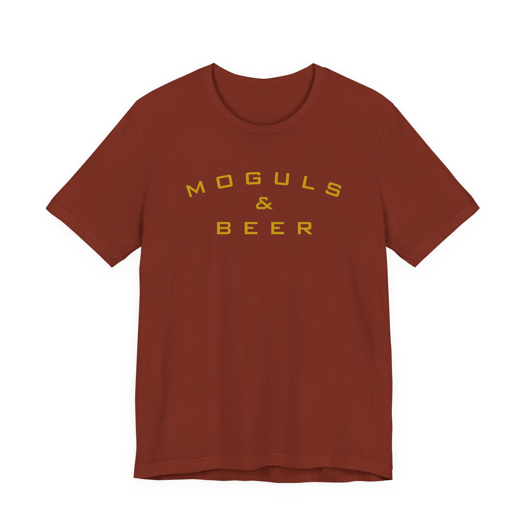 Moguls & Beer Graphic Tee — Retro Yellow Text Shirt for Brewers and Entrepreneurs