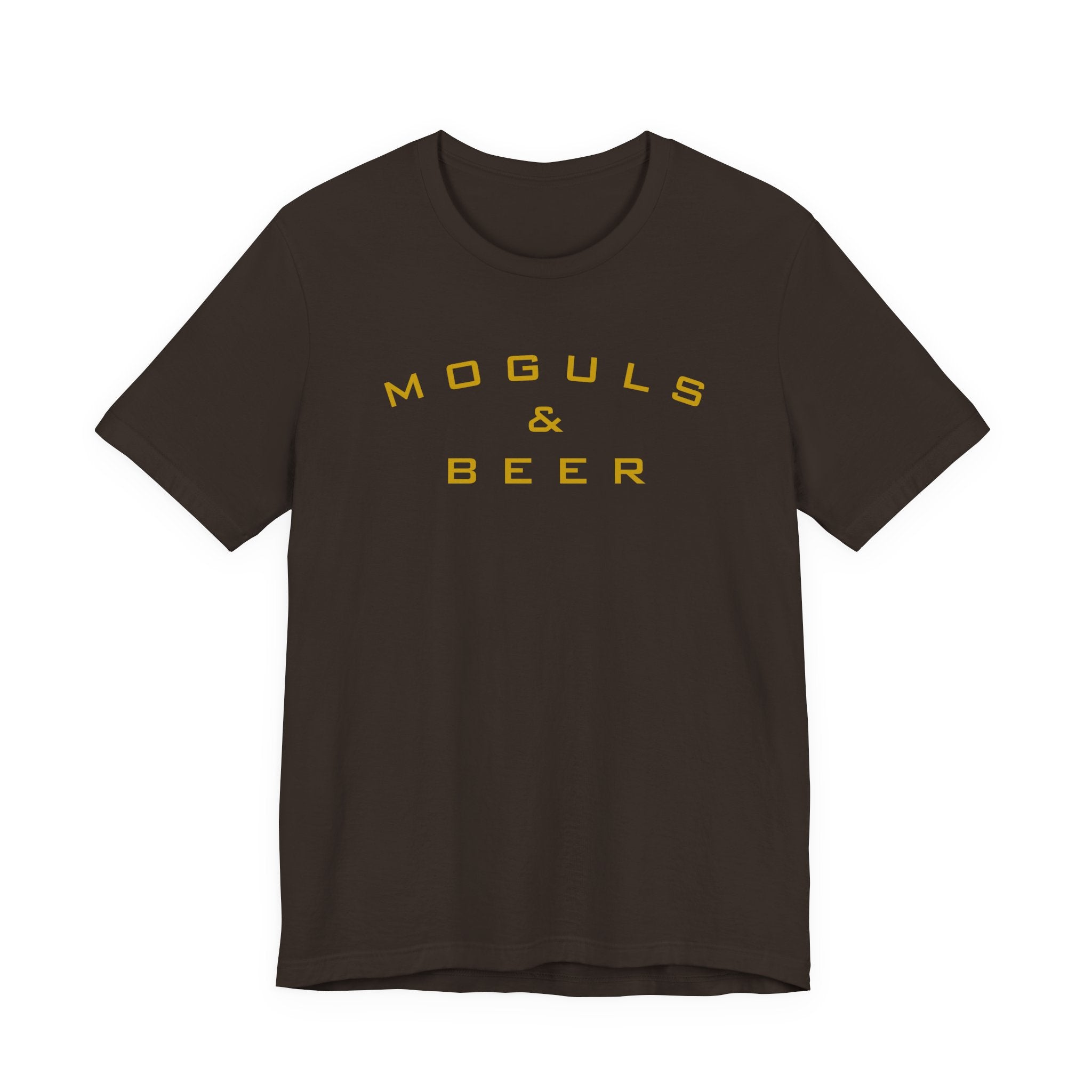 Moguls & Beer Graphic Tee — Retro Yellow Text Shirt for Brewers and Entrepreneurs