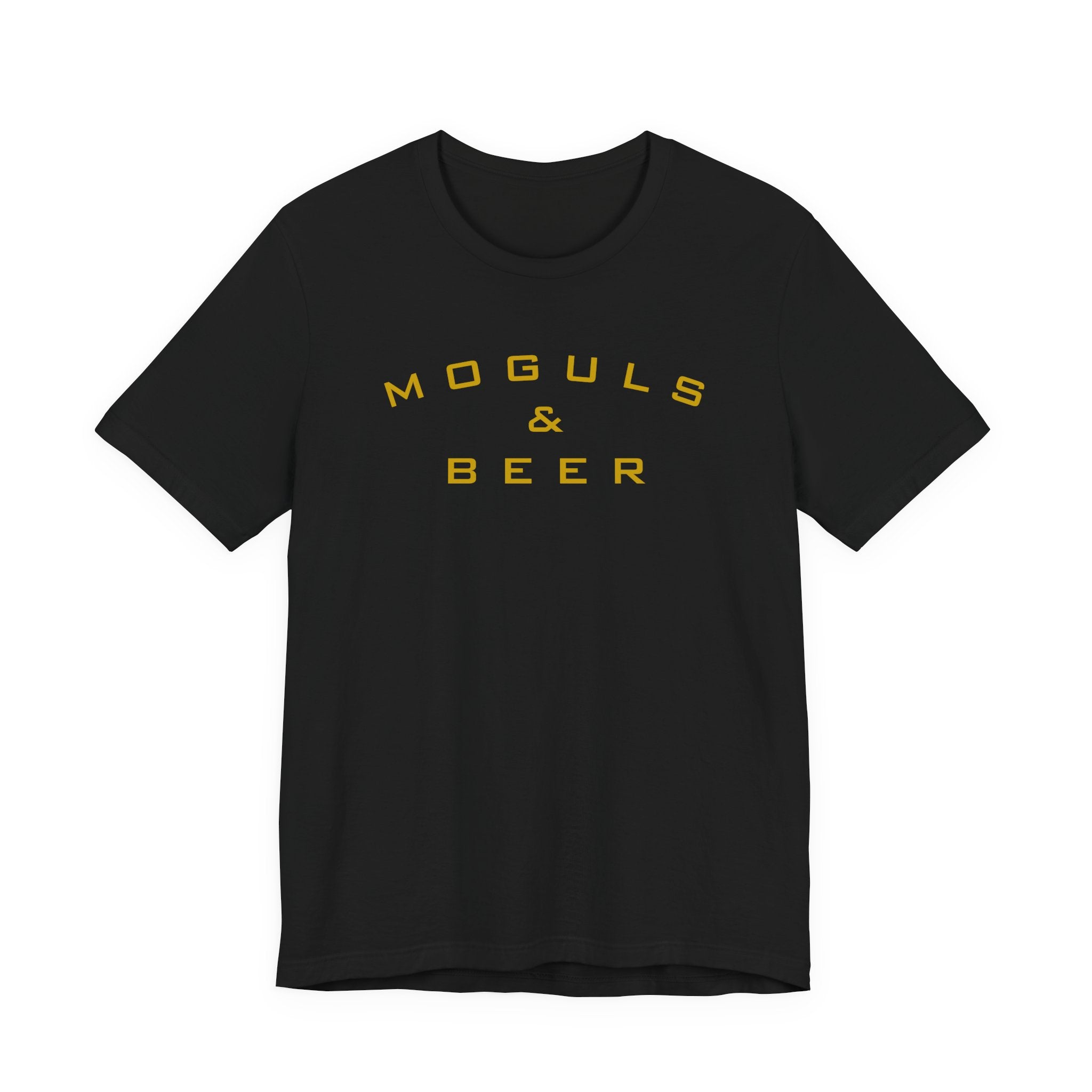 Moguls & Beer Graphic Tee — Retro Yellow Text Shirt for Brewers and Entrepreneurs