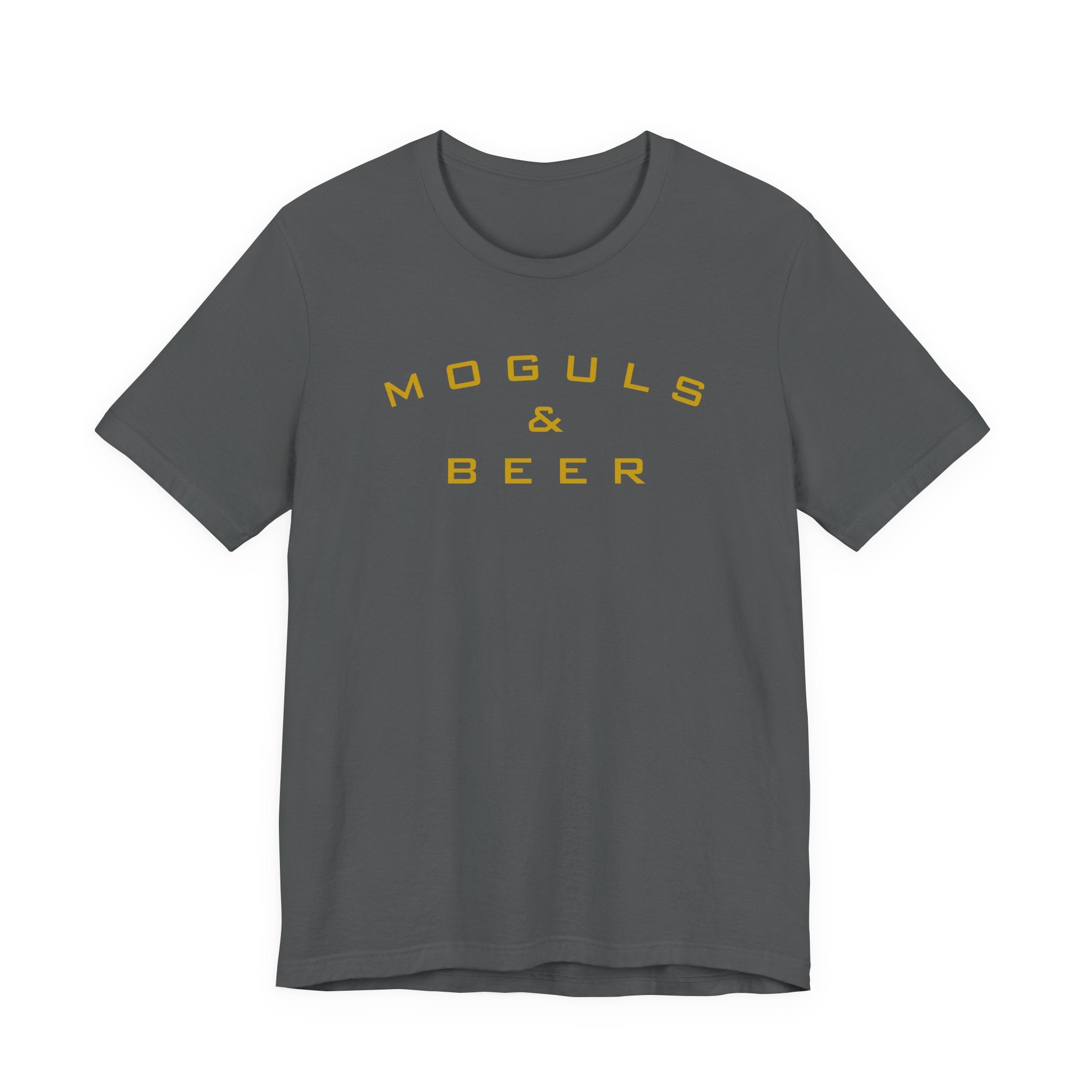 Moguls & Beer Graphic Tee — Retro Yellow Text Shirt for Brewers and Entrepreneurs