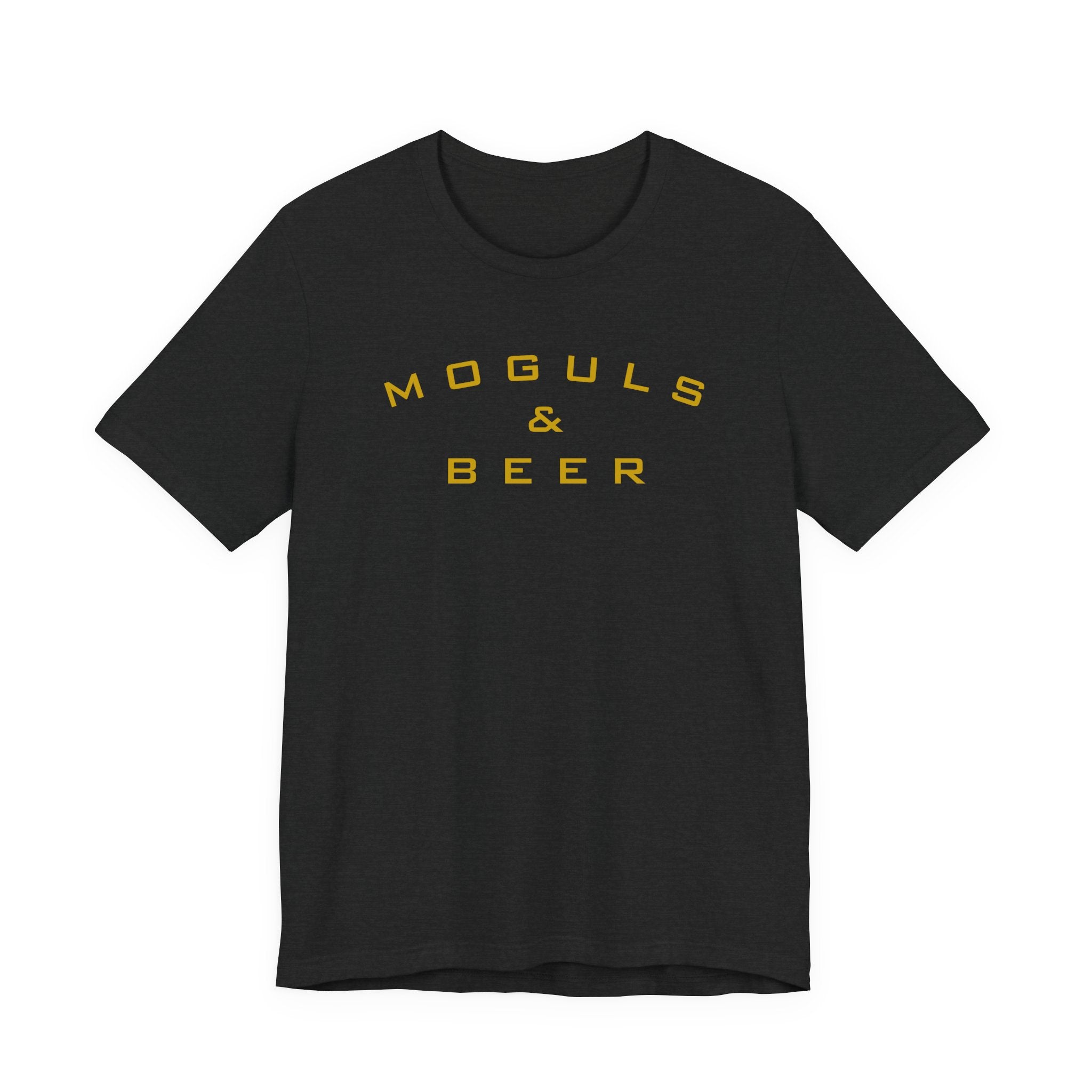 Moguls & Beer Graphic Tee — Retro Yellow Text Shirt for Brewers and Entrepreneurs